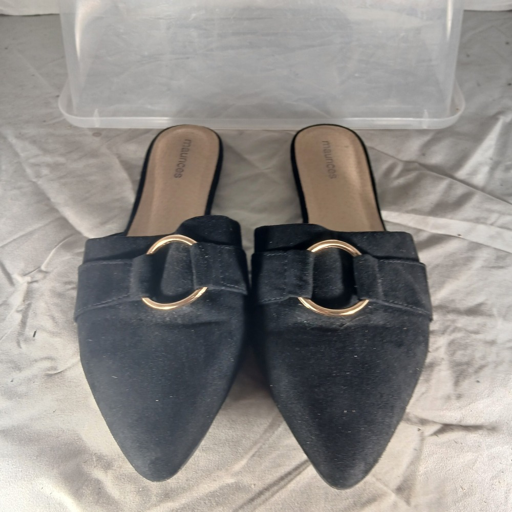 Maurices Natalie Black Fabric Pointed Toe Mule Flats Gold Ring Buckle Mens 8M - Picture 3 of 9